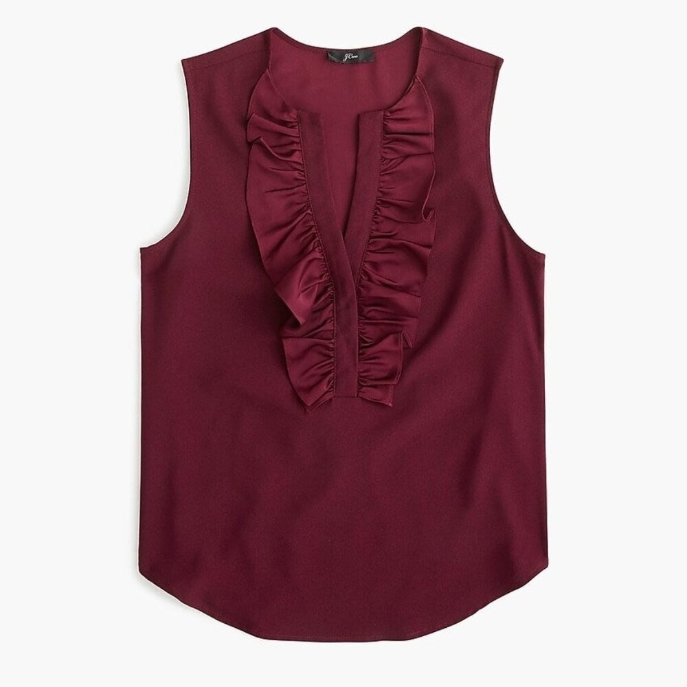 J.Crew NWOT Ruffle-Front Sleeveless Blouse, Burgundy Crepe Size M